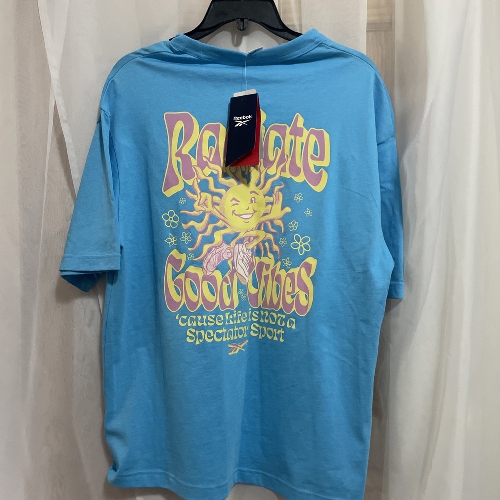 Reebok Unisex Women's Med Dopamine Radiate Good Vibes Blue/pink Sun Shirt‎ NWT